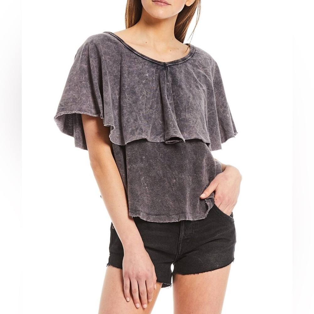 Free People Girl Talk Round Neck Short Sleeve Ruffle Tee, Size XS